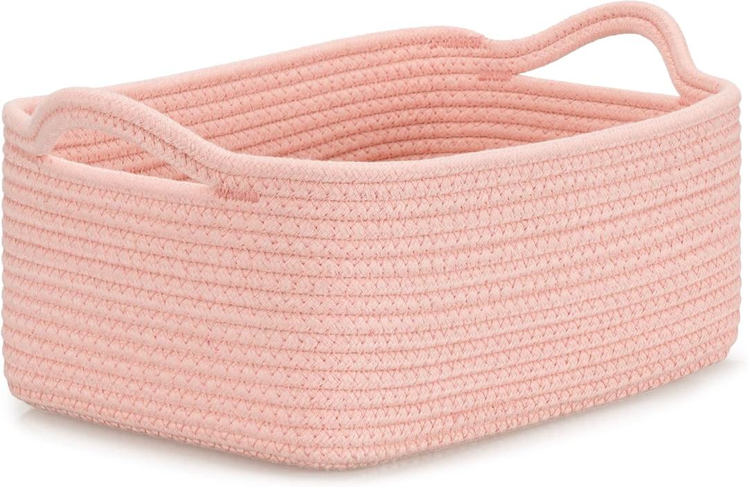 CLHMILY&Z Small Cube Storage Baskets, Decorative Woven Cotton Rope Baskets with Handles for Organizing, Shelf, Closet, Nursery, Bathroom, Toy Organizer Bins (1, Pink, 11.4 x 7.5 x 4.7)