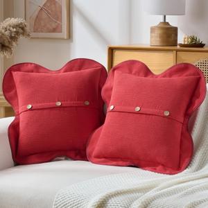 FUTEI Pack of 2 Chenille Buttons Throw Pillow Covers 18x18 Inch Four-Leaf Clover Shape Scalloped Bordered Decorative Cushion Case Farmhouse Accent for Couch Living Room, Red