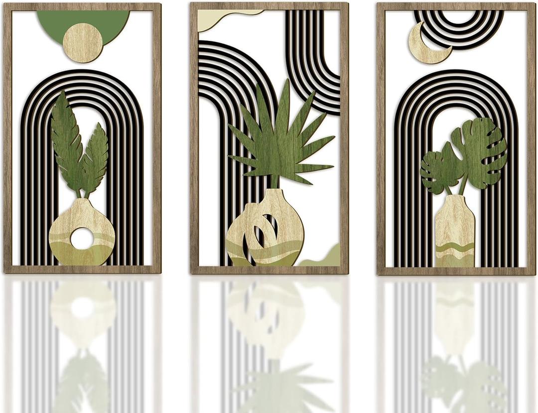 Bnesi 3 Piece Abstract Boho Wall Art Decor Minimalist Modern Wooden Wall Art Mid-Century Modern Wall Art Set of 3 Wall Decor for Living Room Bedroom Bathroom Kitchen (Natural, Medium)