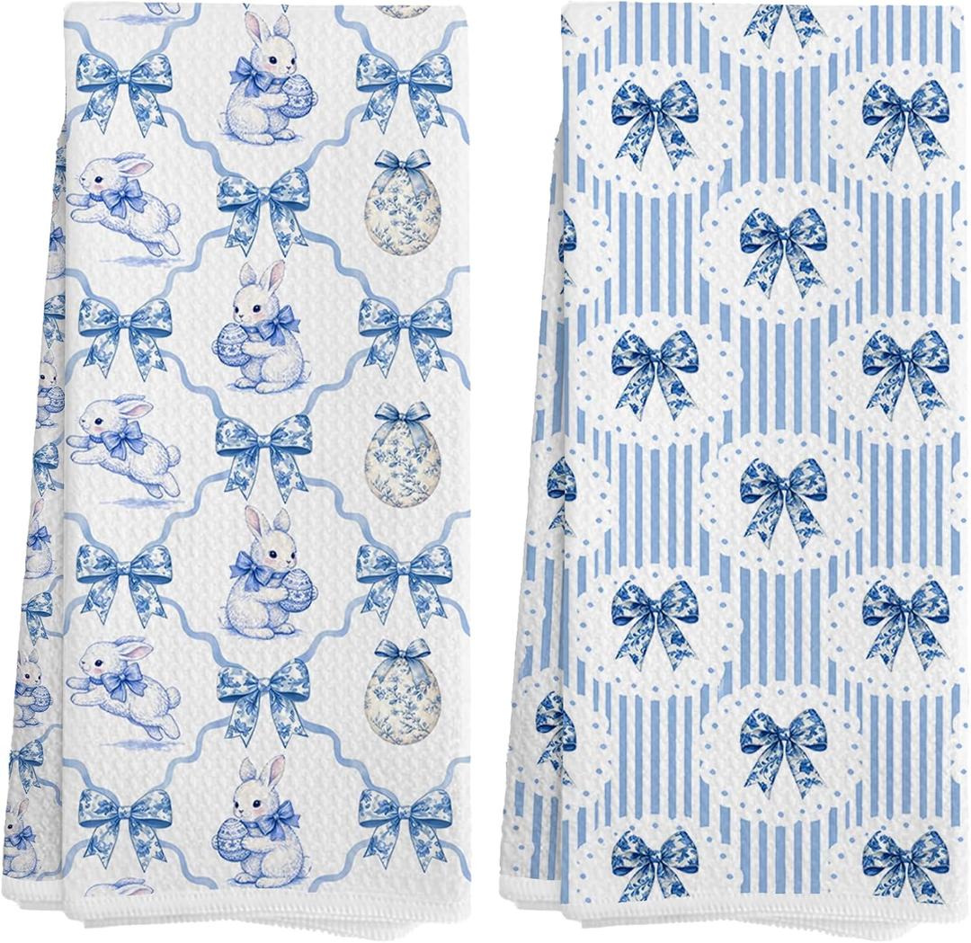 Blue and White Chinoiserie Bow Easter Egg Bunny Kitchen Towels 16x24 in Set of 2, Spring Cute Easter Rabbit Decorative Hand Towels for Bathroom Kitchen, Grandmillennial Decor Dish Tea Towel