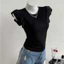 SweatyRocks Women's Ruffle Cap Sleeve T Shirts Bow Tie Back Crew Neck Slim Fitted Tops (Black, S)