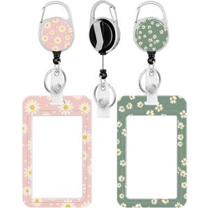 2 Pack Badge Holder and Heavy Duty Retractable Reel, ID Badge Holders with Retractable Clip for Nurse Teacher Student Office Women Men (Chrysanthemum)