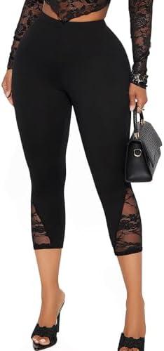 Womens Capri Leggings Sexy Lace Pants Mesh Cropped 3/4 Knee Length Dressy Going Out Bottoms Size M