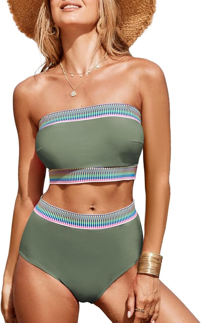 Herseas Women's 2 Pieces Bandeau Bikini Color Block Swimsuits 2025 Summer Off Shoulder High Waisted Bathing Suit (Green, XS)