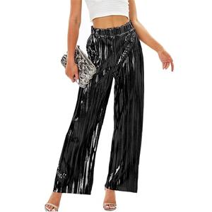 heipeiwa Women's Shiny Pleated Wide Leg Pants Party Nightout High Waist Trouser Folded Lightweight Outfit Clubwear Black Medium