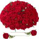 Bulk Artificial Flowers 90 PCS, Fake Velvet Silk Red Roses with Long Stems Realistic Bouquet for Wedding Centerpieces, Faux Arrangement for Home Table Decor