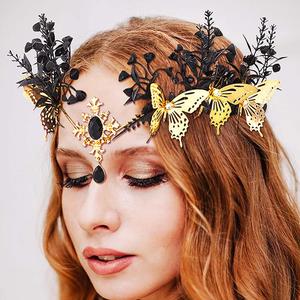 Formery Butterfly Elf Crown Gold Rhinestone Leaf Fairy Headpiece Halloween Gothic Elven Headband Hair Accessory for Women