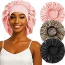 3 x 3PCS Silk Sleep Bonnet for Women, Large Satin Hair Caps with Elastic Band for Curly Hair and Frizz Control (Black/Blush/Leopard)