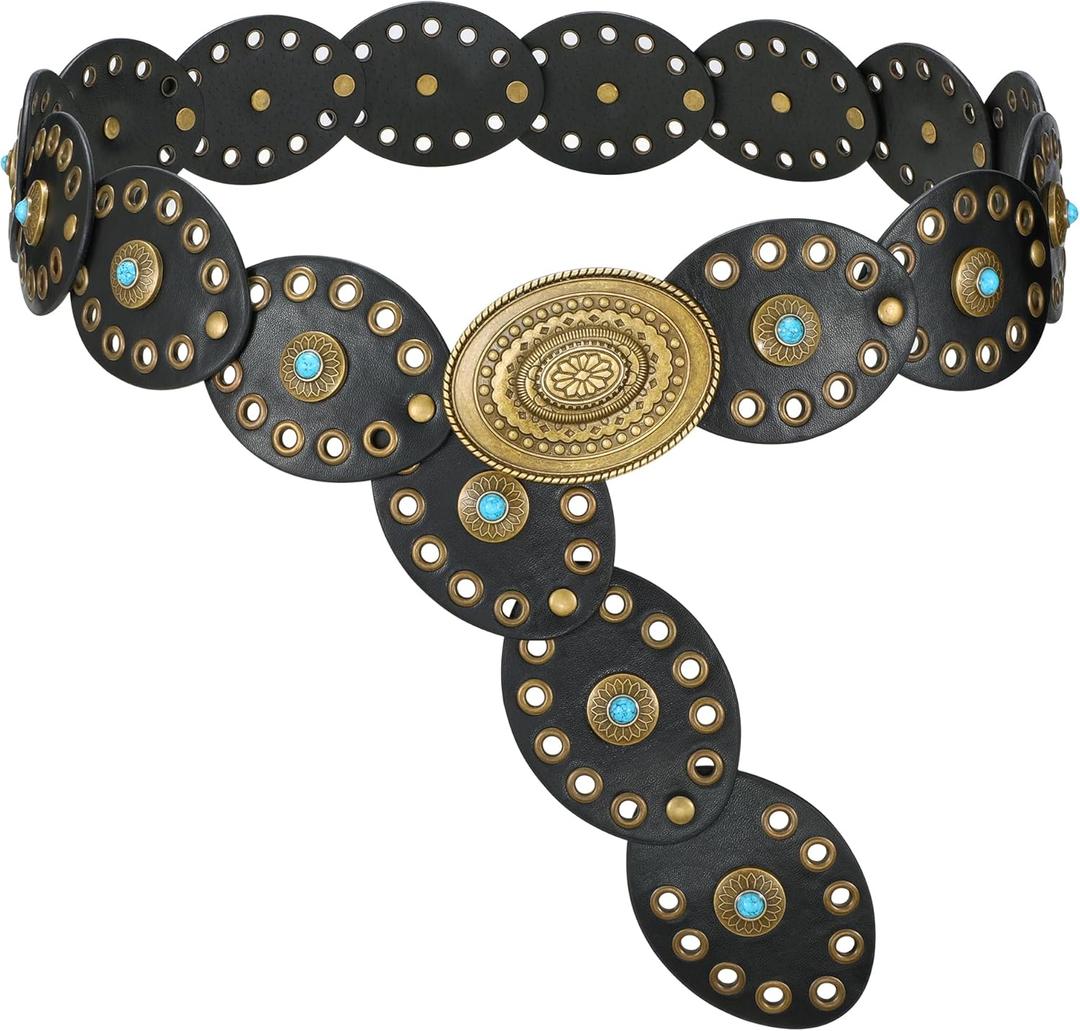 WERFORU Women Western Belts Wide Disc Belt with Turquoise for Dress Cowgirl Country Belt Boho Concho Leather Belt for Concert, Black(bronze Buckles)