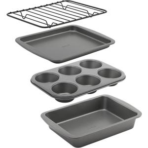 GoodCook 4-Piece Nonstick Steel Toaster Oven Set with Sheet Pan, Rack, Cake Pan, and Muffin Pan, Gray, 4-Piece Set Distributes Heat Evenly, Nonstick Coating, Dishwasher-Safe
