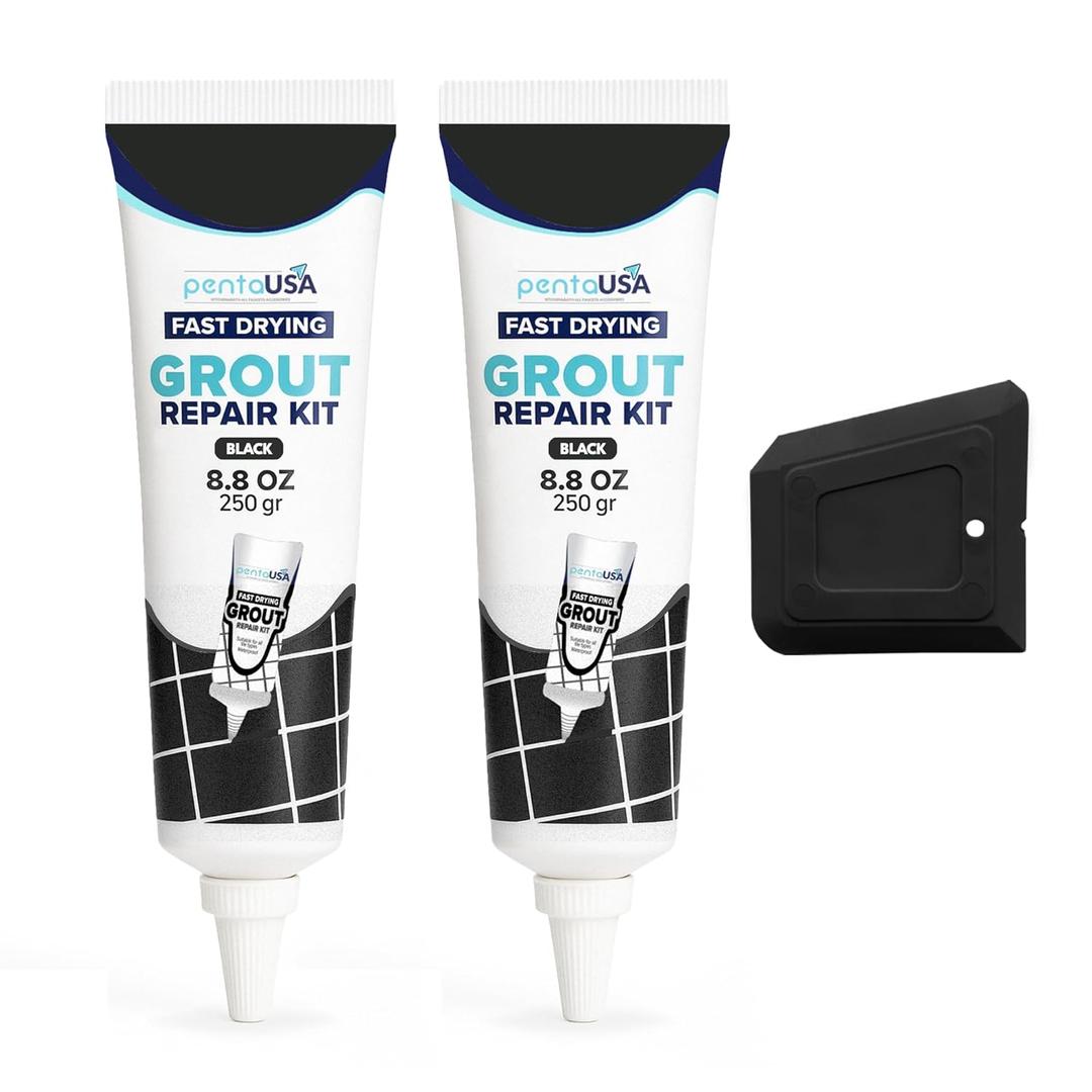 PentaUSA Premixed Tile Grout Repair Kit 2 Pack - Black Acrylic Sanded Grout Filler for Bathroom, Shower, Kitchen Tile Water-Resistant Tubes with Applicator, Fast Drying, Total (2 x 250g / 17.6oz)