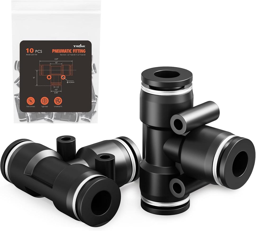 TRILINK 1/2" OD Push to Connect Fittings – Air Line Tee Connectors, Quick Connect Pneumatic Fittings, Push Lock Air Hose Fittings for Compressor, Air Tools & Tubing (10 PCS)