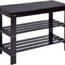 3 Tier Bamboo Shoe Rack Bench, 90cm Strip Pattern Stool, 35.43" x 11.02" x 17.72", Black