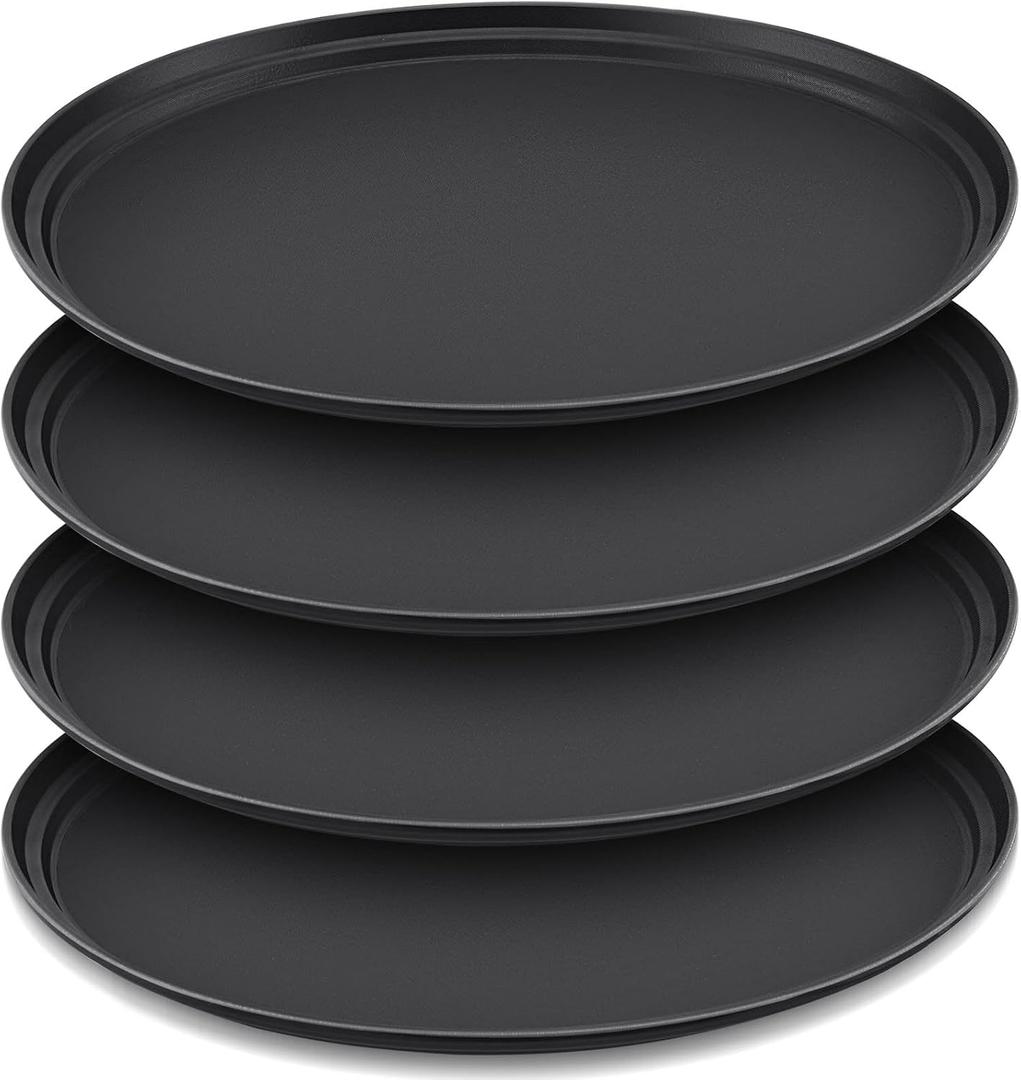 4 Pcs 24 Inch x 29 Inch Restaurant Serving Trays Black PP Plastic Non Slip Tray Rubber Lined Large Oval Tray for Kitchen Dining Room Cafeterias Fast Food Service