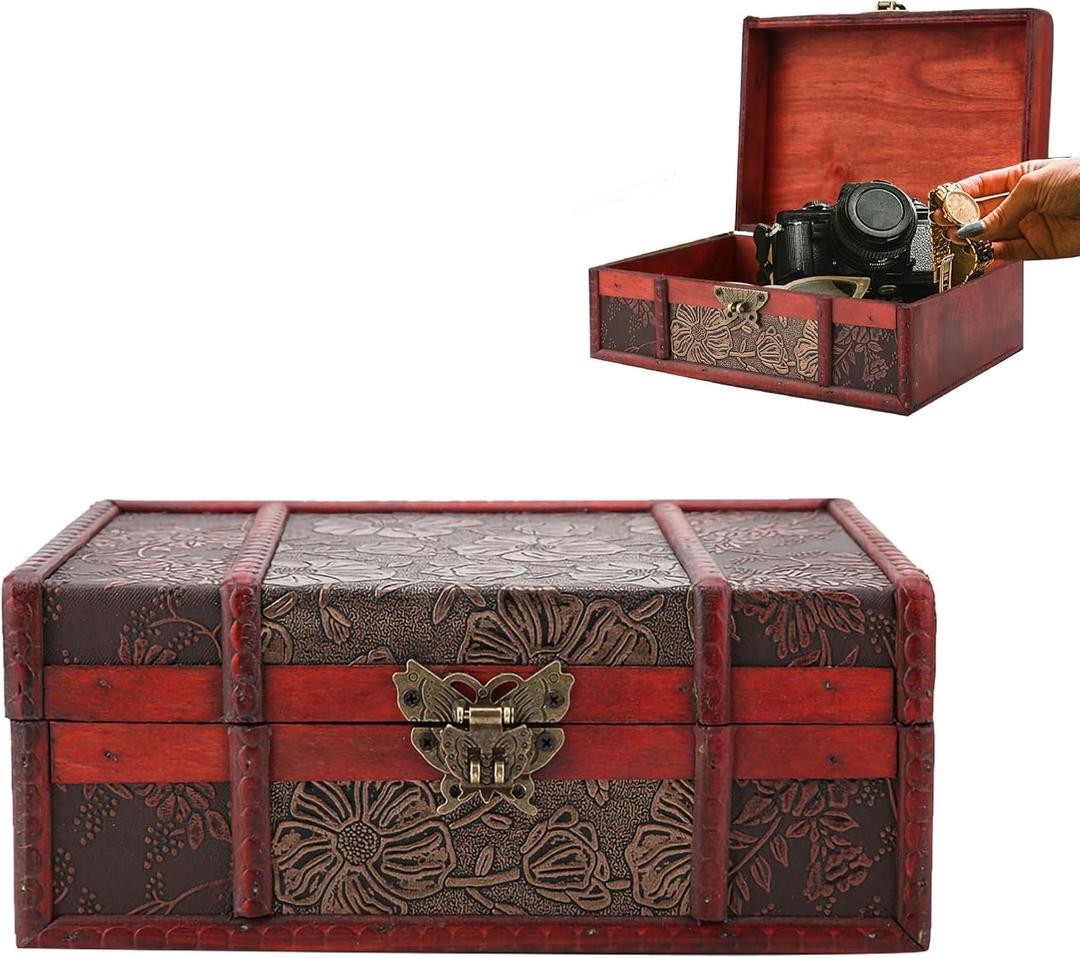 Cocoarm Classic Decorative Vintage Wooden Storage Box, Small, Treasure Chest with Lid and Drawer for Books, Jewelry, Documents
