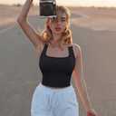 OQQ Women's 3 Piece Crop Tank Shirt Ribbed Seamless Workout Sleeveless Racerback, Black Haze Blue Beige, Small (S)