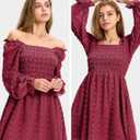 EXLURA Women's 2025 Fall Long Sleeve Party Swiss Dot Dress Smocked Ruffle Cocktail Mini Dresses (M)