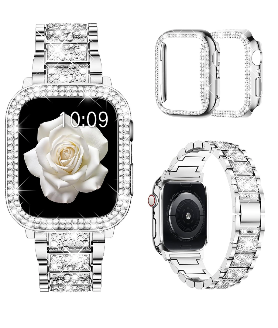 Mosonio Compatible with Apple Watch Band 38mm 40mm 41mm 42mm 44mm 45mm 46mm 49mm with 2 Pack Case Women, Jewelry Replacement Metal Bands Strap with Bling PC Protective Case for iWatch Ultra SE Series 10/9/8/7/6/5/4/3/2/1.      ( 41mm)