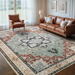 8x10 Area Rugs, Large Area Rug for Living Room, Floral Washable Area Rug for Bedroom, Office, Dining Room, Non-Slip Vintage Boho Rug, Low-Pile Soft Carpet, Traditional Oriental Style, Beige Orange