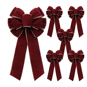 6 Pcs Burgundy Bows 8" x 16" for Christmas Tree, Large Christmas Velvet Bows with Gold Border Waterproof Indoor Outdoor Xmas Tree Elegance Craft for Garland Swags Lantern Outdoor Craft Decor