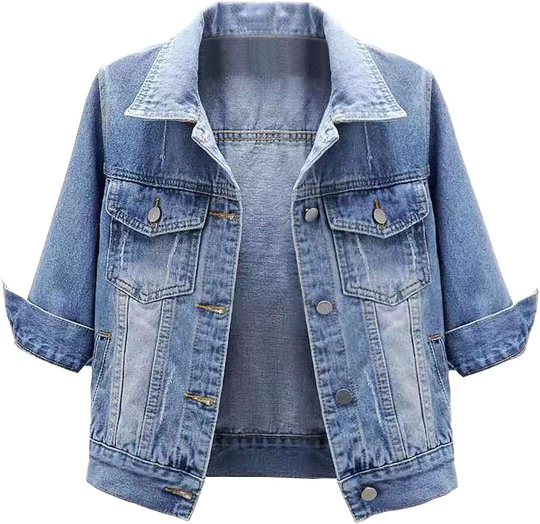 Locachy Womens 3/4 Sleeve Short Denim Jacket Lapel Button Down Cropped Trucker Jean Jackets Coats (X-Large, Light Blue)