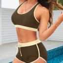 Tempt Me Women Beige Brown Two Piece Sports Bikini Athletic Swimsuits Racerback Crop Top with Boy Shorts Bathing Suits for Girls Vests L