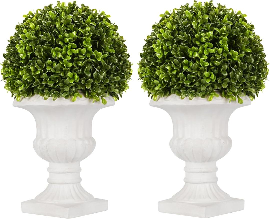 2 Pack Artificial Boxwood Topiary Ball with Lights in Urn Container, 13" Topiary Centerpiece for Home Dcor, Mini Fake Plant Greenery Arrangement