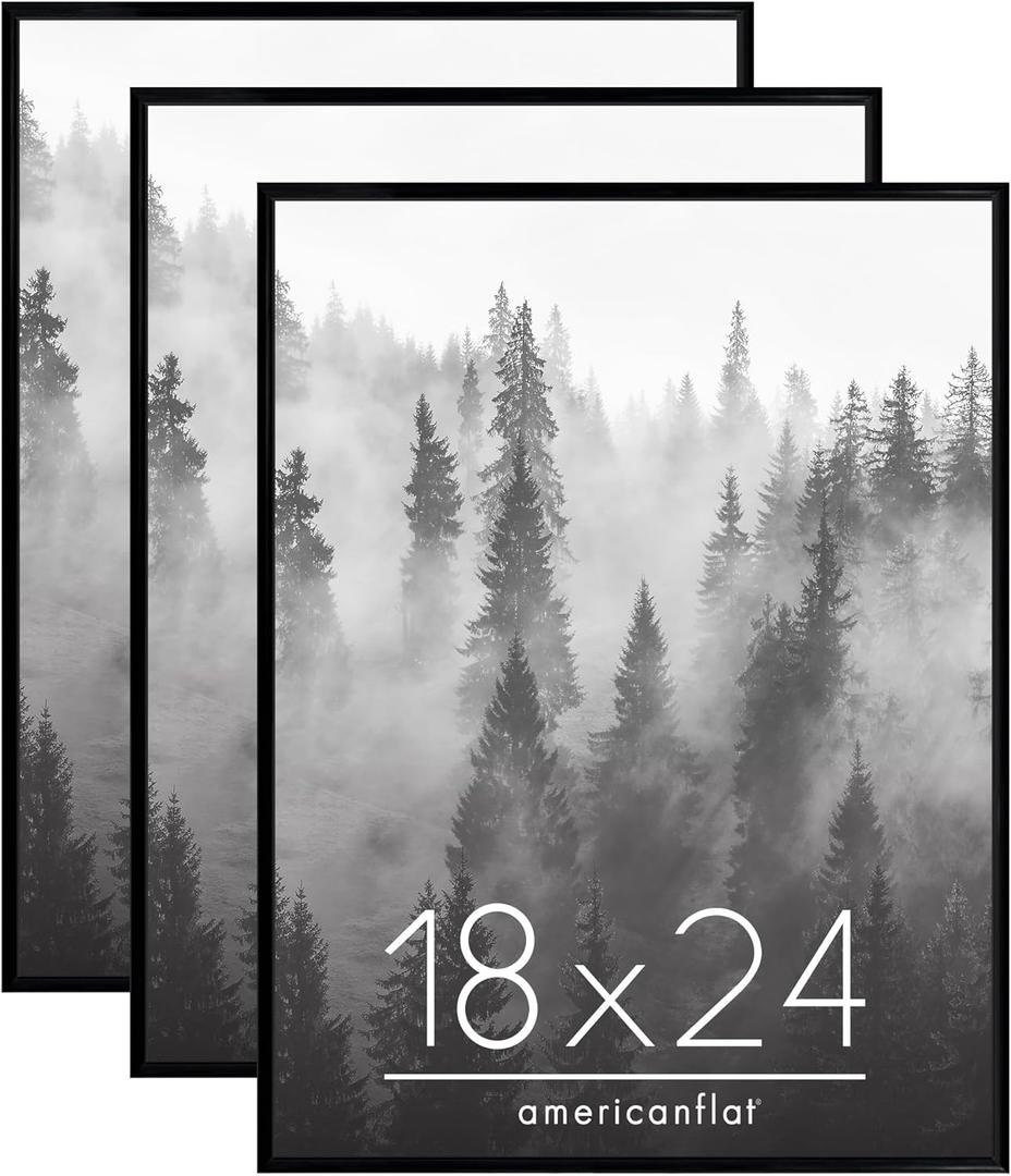 Americanflat 18x24 Poster Frame with Polished Front Cover - Set of 3 - Slide-In Photo Frame with Buildable Molding - Fusion Collection - Picture Frames for Wall Display - Black