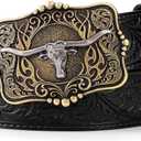 Cowboy Cowgirl Belt Western Belts for Men Women Floral Engraved Longhorn Bull Buckle Belt for Jeans (Black)