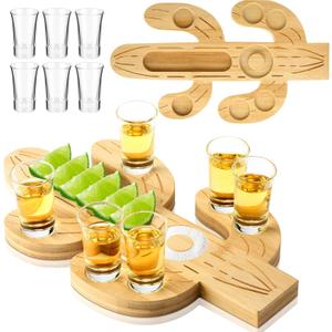 Mexican Tequila Shot Board with Glasses Set Fiesta Wooden Serving Tray with 6 Shot Glasses and Salt Lemon Rim Mexican Tequila Gifts for Cinco De Mayo Holiday Liquor Party(Cactus)