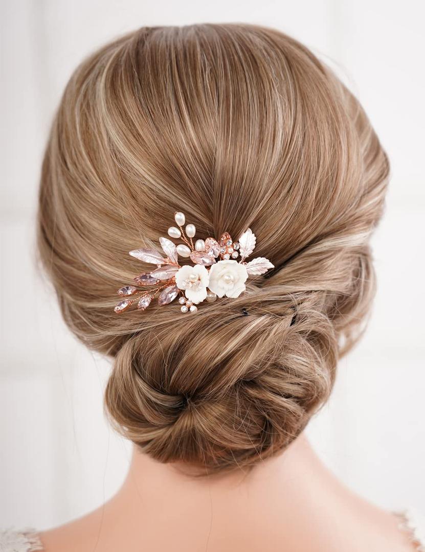 Missgrace Bridal Hair Accessories: Crystal Pearl Leaf Rhinestone Hair Comb, Gold Flower Side Clips for Brides and Women (Rose Gold Pink)