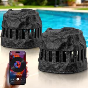 2-Pack Solar Powered Rock Speakers Waterproof Patio TWS Pair, 2 in 1 Charging, Rechargeable Outdoor Rock Speaker, IP44 for Pool Party Yard Outside Garden(Black)