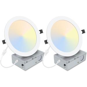 2 Pack 8 Inch LED Recessed Light- Ultra-Thin Recessed Ceiling Lighting with Junction Box, 3000K/4500K/6000K Selectable, 1800LM High Brightness, Dimmable Canless Downlight Fixtures