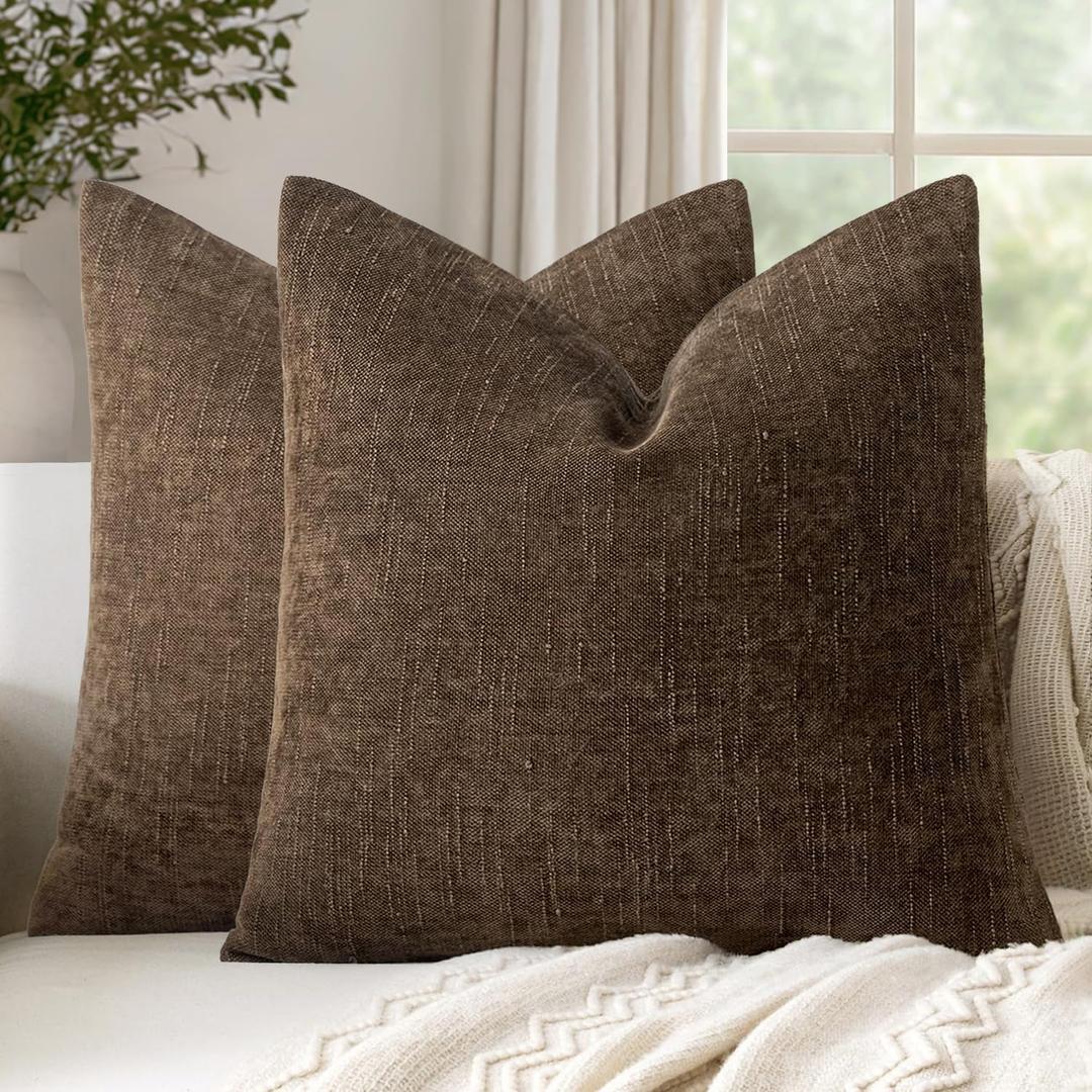 Set of 2 Textured Throw Pillow Covers Decorative Soft Accent Square Chenille Pillowcases Neutral Farmhouse Cushions Modern Home Decor for Couch Sofa Bedroom Living Room 18x18 Inch,Chocolate