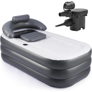 CO-Z Inflatable Bathtub With Electric Air Pump, Portable Tub With Blow Up Bath Pillow Cover, Drainage Cup Holder, Foldable Outdoor Freestanding Tub for Adults, Gray