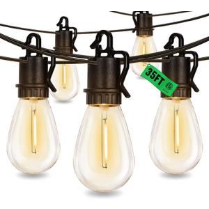35FT Outdoor String Lights with 15 Shatterproof S14 Vintage Edison Bulbs E12 Sockets,2700K Dimmable Outdoor Lights,IP55 Waterproof LED String Lights for Outside, Patio, Garden, Backyard,Bistro