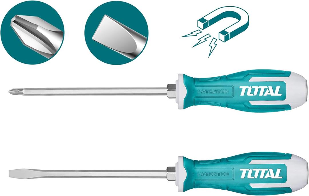 TOTAL - Set of 2 screwdrivers - 1 flat tip and 1 with Phillips tip - Magnetic tip with strong magnet - Convenient to use - S2 steel