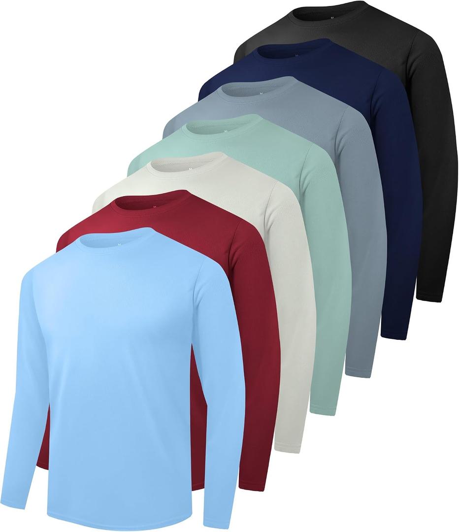 Kinglaman 7 Pack Men Dry Fit Workout Long Sleeve Athletic Gym UPF SPF UV Sun Protection Quick Dry Lightweight Shirts (L)