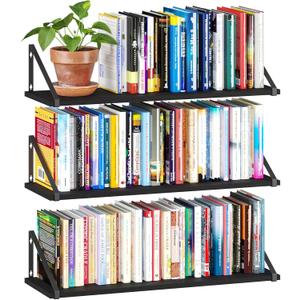 BAMEOS 24X8 Floating Shelves Rustic Wood Wall Shelf Set of 3,Bookshelf for Living Room, Office, and Bedroom, with Metal Bracket