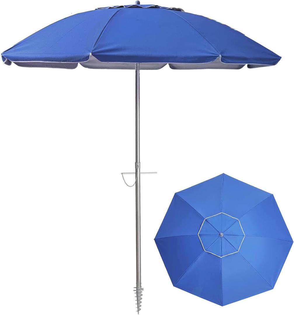 7ft Beach Umbrella with Sand Anchor & Tilt, UPF 50+ Protection Beach Umbrellas for Sand, Beach Umbrellas for Heavy Duty Wind Portable with Carry Bag, for Patio Garden Pool, Dark Blue