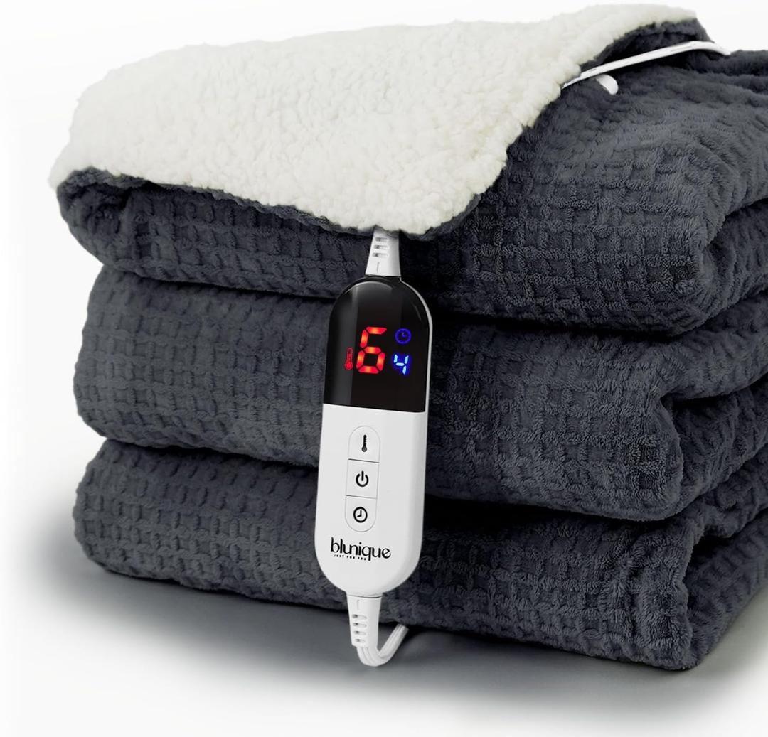Heated Blanket Electric Throw Waffle, 50x60 Inches Sherpa Fleece Fast Heating Blanket 6 Heating Levels & 4 Hours Auto Off ETL Certification,Charcoal Grey Throw