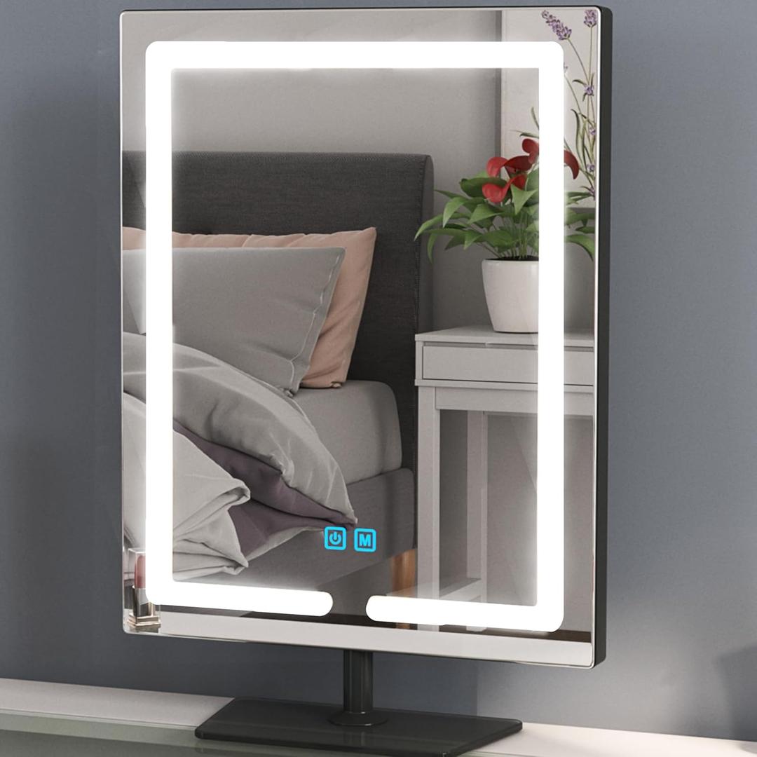 ENJNST Makeup Mirror with Lights, 12.6 x 17.7 Inch LED Vanity Mirror, Lighted Makeup Mirror with Dimmable 3 Modes, Smart Touch Control, Aluminum Frame and Tempered Glass Base, Bronze