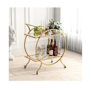 Gold Bar Carts for The Home Bar Serving Cart, Rolling Bar Cart Gold with Lockable Caster Wheels, Glass Bar Carts with 2 Mirrored Shelves, Storage Round Wine Carts for Kitchen, Party