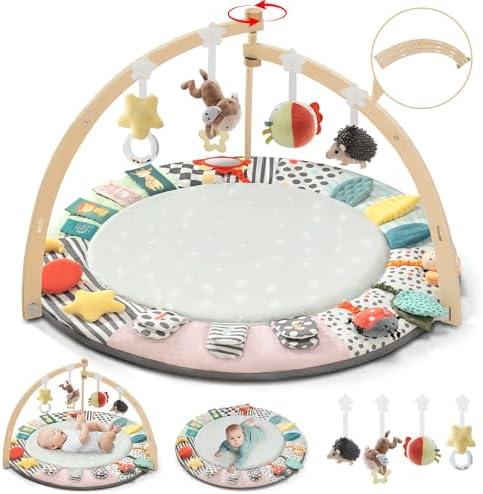 Suihuooo Baby Play Mat Activity Gym,6 Developmental Zones Tummy Time Mat, Foldable Wooden Baby Play Gym with 7 Detachable Sensory Toys for Newborn Brain Development, Essential Baby Shower Set