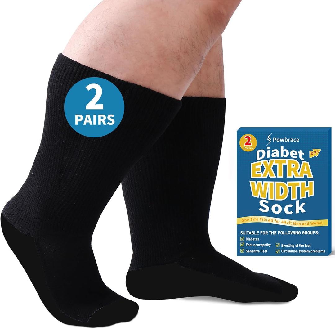 2 Pairs Wide Diabetic Socks for Men Women Plus Size,Lymphedema Socks,Socks for Swollen Feet and Ankles,Edema Socks,Loose Fit Socks,Non-Binding Socks,Bariatric Socks,Hospital Cast Socks-All Black