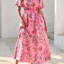 KIRUNDO Women Spring Summer Wedding Guest Boho Floral Maxi Dress Puff Sleeve Button Shirt V Neck Flowy Beach Vacation Dress(Pink, Small) (Pink, S)