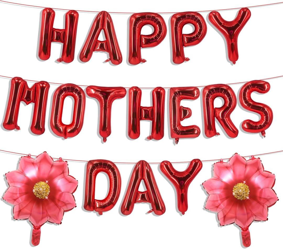 2 x Red Happy Mothers Day Balloons Set, 16 Inch Mothers Day Foil Balloons Sunflower Balloon for Mother's Day Party Decorations, Mothers Day Decorations for Home Party Supplies