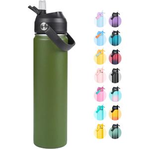 24oz Insulated Stainless Steel Water Bottle, Wide Mouth Double Wall Vacuum, Silicone Straw, Sweat & Leak Proof, BPA Free Insulated Water Flask for Travel, Keep Cold 24h Hot 12h, Green