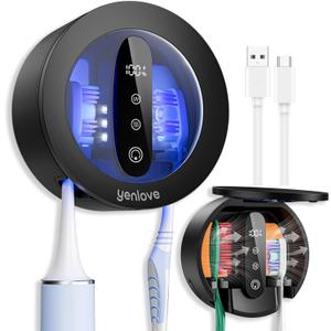 Tooth Brush Holder for Bathroom, Smart Toothbrush Holders Wall Mounted, Toothbrush Cleaner Organizer with LED Screen and Drying Fits Most Electric, Manual and Kids Toothbrushes for Home & Travel (Black)