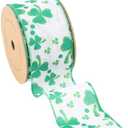 LaRibbons St Patricks Day Ribbon 2.5 Inch x 10 Yards, Green and White Shamrock Ribbon Wired for Crafts Wreath Bow Gift Wrapping DIY Decoration